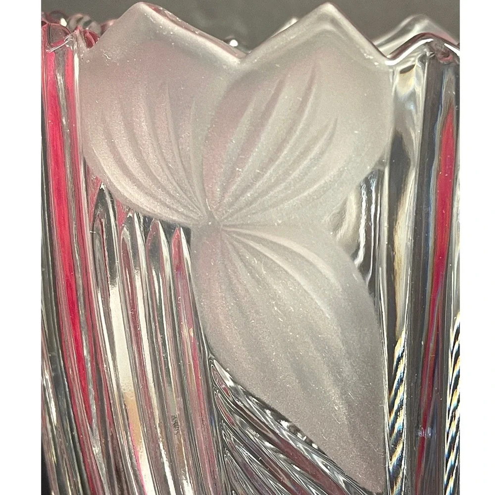 Vintage Anna Hütte Crystal Oval Vase Etched Flower Sawtooth Rim Germany 1980s
